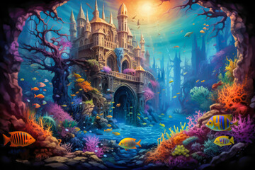 Underwater kingdom with colorful sea creatures.