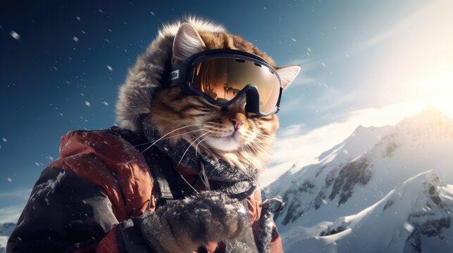 Follow an adorable winter cartoon cat traveler as it explores the majestic mountains, dressed in cozy ski suits, ready for an exciting adventure.