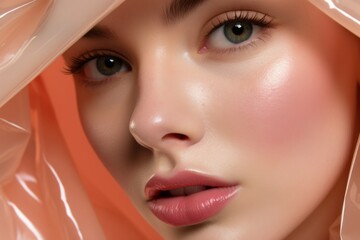 Dewy skin and rosy cheeks the artistry of professional makeup in a fashion portrait.