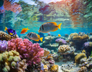 Naklejka premium Underwater Tropical Corals Reef with colorful sea fish. Marine life sea world. Tropical colourful underwater seascape.
