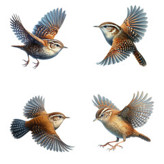 A set of male and female Winter Wrens flying on a transparent background