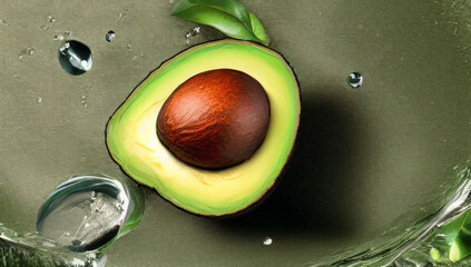 Sliced avocado lies on a wet green surface. Half an avocado with a pit. Generated AI.