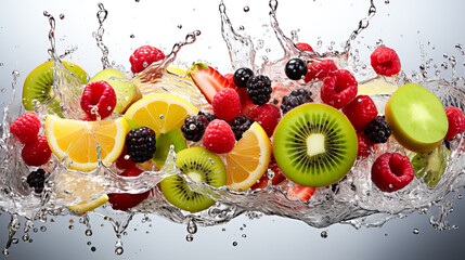 Fresh fruits and berries falling into water with splash, isolated on white background. Healthy food concept. Generative AI technology.