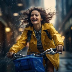 Fototapeta na wymiar Young woman in yellow raincoat ride bicycle in the rain