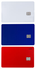 Plastic credit card white, blue, red with chip and copy space as mockup isolated on transparent background set 3 cards. The color of credit cards corresponds flag of Russia