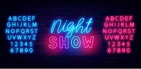 Night show neon label with lettering. Party signboard. Performance r emblem. Event label. Vector stock illustration