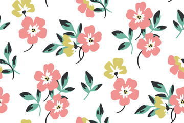 Seamless floral pattern, cute ditsy print with a modern retro motif. Stylish botanical design with simple plants: small hand drawn flowers, leaves on a white background. Vector illustration.