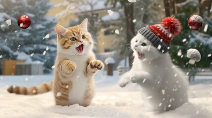Humorous cartoon kittens enjoy winter mischief, engaging in lively snowball battles and creating whimsical snowmen in the playful yard.