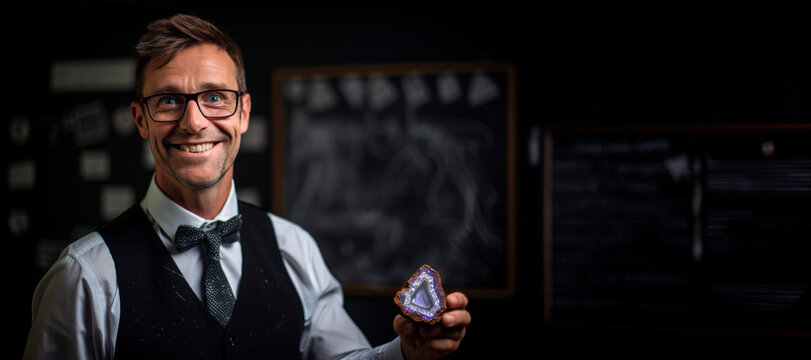 Teaching the Elements: A Portrait of a Physics and Chemistry Teacher Holding a Precious Gemstone in a Classroom Setting with a Blackboard Background - A Journey into the World of Minerals and Educatio