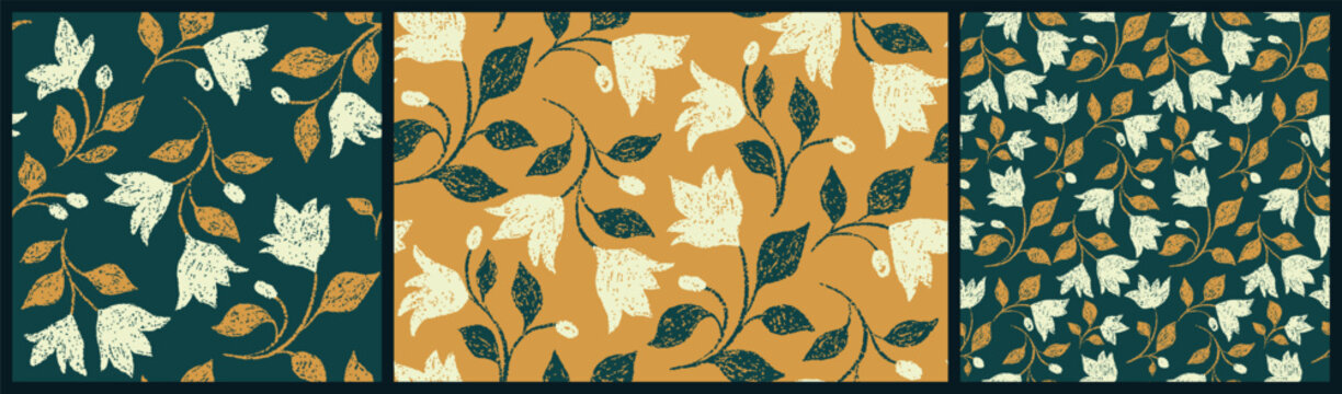 Seamless floral pattern, abstract ditsy print with decorative texture branches in the collection. Botanical design with a folk motif, ornament with small hand drawn flowers twigs. Vector illustration.