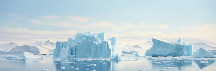 Fototapeta na wymiar Icebergs floating in the arctic ocean. Panoramic banner.