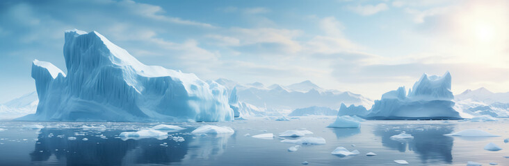  Panoramic of Icebergs floating in the ocean.