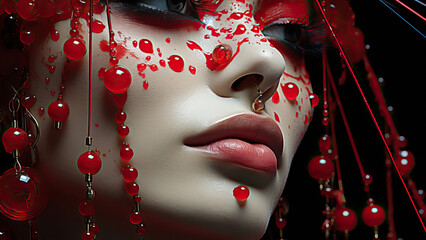 Photo of a girl's face with red drops on a dark red background.