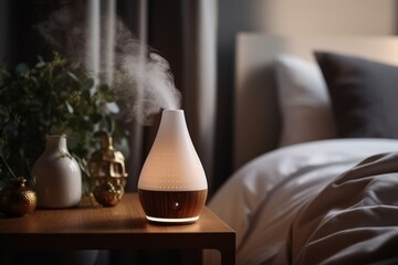 The aroma humidifier on the nightstand, the blurred bed in the background - obrazy, fototapety, plakaty