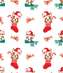 Cartoon doggy christmas seamless pattern.Funny animal character with hat and scarf.Cute pet in sock and bone tied with a bow.Winter holidays vector background for printing on fabric and paper.