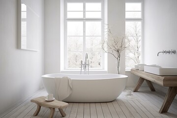 Sleek Nordic bath with clean white decor. Generative AI