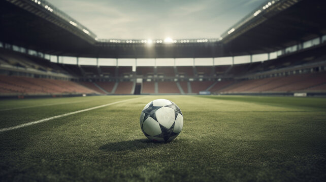 Realistic european football stadium with grass field, lights and spotlights. Banner sport
