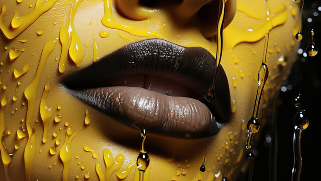 Photo of a lips in yellow drops on a dark backgroud. Macro view.