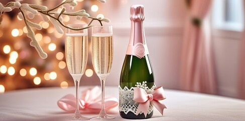 Two champagne glasses and gift box on christmas background with bokeh