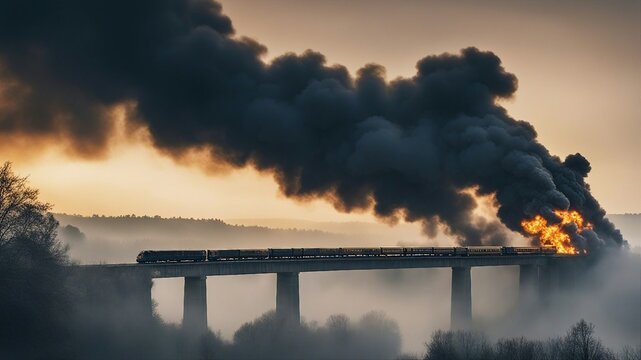 smoke from a fire  A burning train on fire, exploding, that crosses an exploding bridge being blown up, over a river  