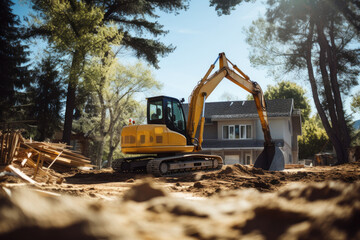 Fototapeta premium Heavy industrial equipment, yellow machinery at construction site, excavates earth with a powerful shovel.