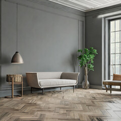 Vintage Modern interior of living room, empty room, dark gray wall and wood flooring ,3d rendering