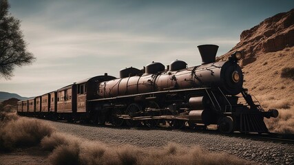 old steam train in the desert  A retro train that looks like it belongs to the old west. The train is dark and rusty 