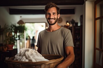A happy and cheerful young man doing laundry at home, smiling as he packs clothes in a plastic bag. - obrazy, fototapety, plakaty