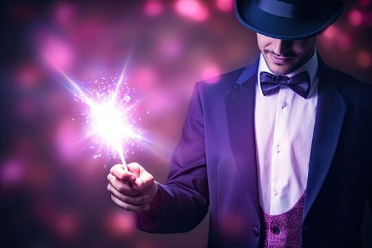 A modern man magician in a sleek black suit performs a spectacular illusion with lighting.