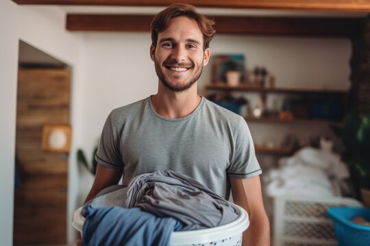 A cheerful young man doing household chores, happily handling laundry and ironing clothes at home.