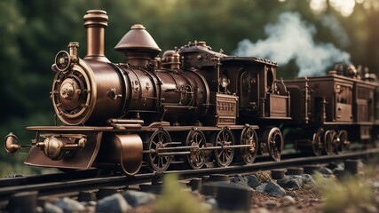 Naklejka premium old steam locomotive A steampunk train that runs on coal and steam on a rusty and intricate railway. The train is a retro