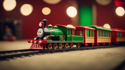 steam locomotive  A toy train that circles on a round track on a carpeted floor. The train is red and green  