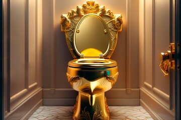 3d rendering of a golden toilet in a room with golden walls