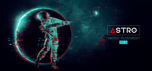Abstract silhouette of a golf player in space action and Earth, Mars, planets on the background of the space. Golfer astronaut man hits the ball. Vector illustration © Yevheniia