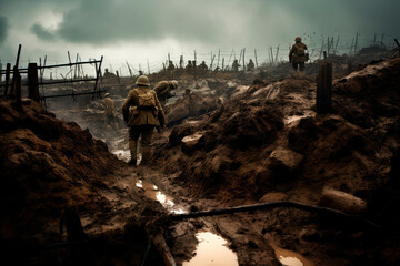 Battlefield Resilience: Soldiers Marching Through Muddy Trenches - An Evocative Scene from the Battle of the Somme, Offering a Glimpse into the Challenging Realities of World War I.     