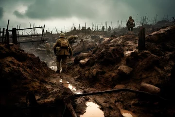 Cercles muraux Gris foncé Battlefield Resilience: Soldiers Marching Through Muddy Trenches - An Evocative Scene from the Battle of the Somme, Offering a Glimpse into the Challenging Realities of World War I.     