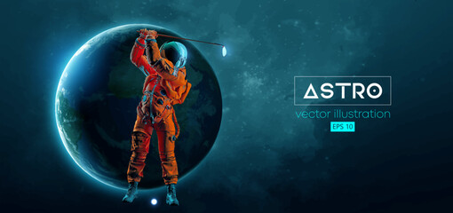 Abstract silhouette of a golf player in space action and Earth, Mars, planets on the background of the space. Golfer astronaut man hits the ball. Vector illustration © Yevheniia