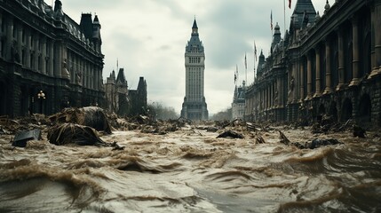 A flooded city street or the aftermath of the flood