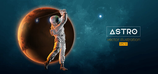 Abstract silhouette of a golf player in space action and Earth, Mars, planets on the background of the space. Golfer astronaut man hits the ball. Vector illustration
