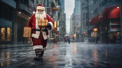 Santa Claus with gift box walking in the big city.
