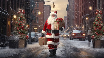 Santa Claus with presents on the street in big city during snowfall