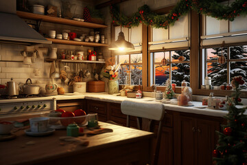 Interior of a kitchen generated with AI. Christmas concept