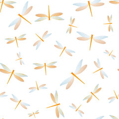 Dragonfly cool seamless pattern. Spring dress fabric print with flying adder insects. Isolated