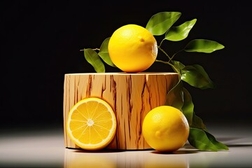 Lemon and leaves sitting on a wooden stump, front view background ai generative