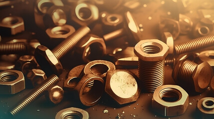 Retro vintage background with bolts and nuts. Steampunk style background. Orange color toned. - obrazy, fototapety, plakaty