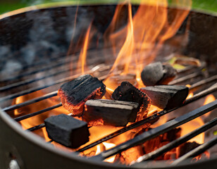 Barbecue Grill Pit With Glowing And Flaming Hot Charcoal Briquettes, Close-Up