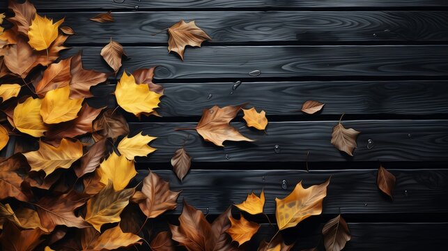 Autumn leaves falling on black painted timber decking
