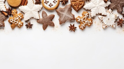 Top view of composition with christmas cookies an copy space of white backround.