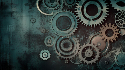 Retro background with brass gears. Steampunk style background. Teal color toned.