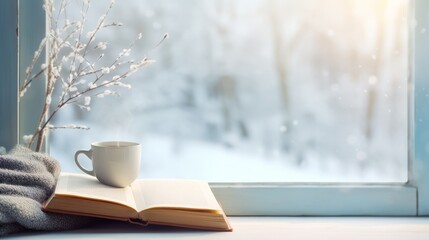 Winter still life with hot coffee and book on vintage windowsill view of snowy landscape 